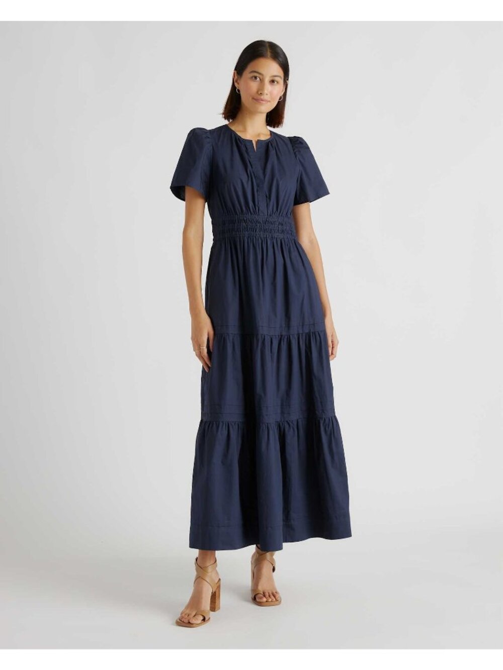 Quince Size XS 100% Organic Cotton Poplin Tiered Maxi Dress Sleeves Removed